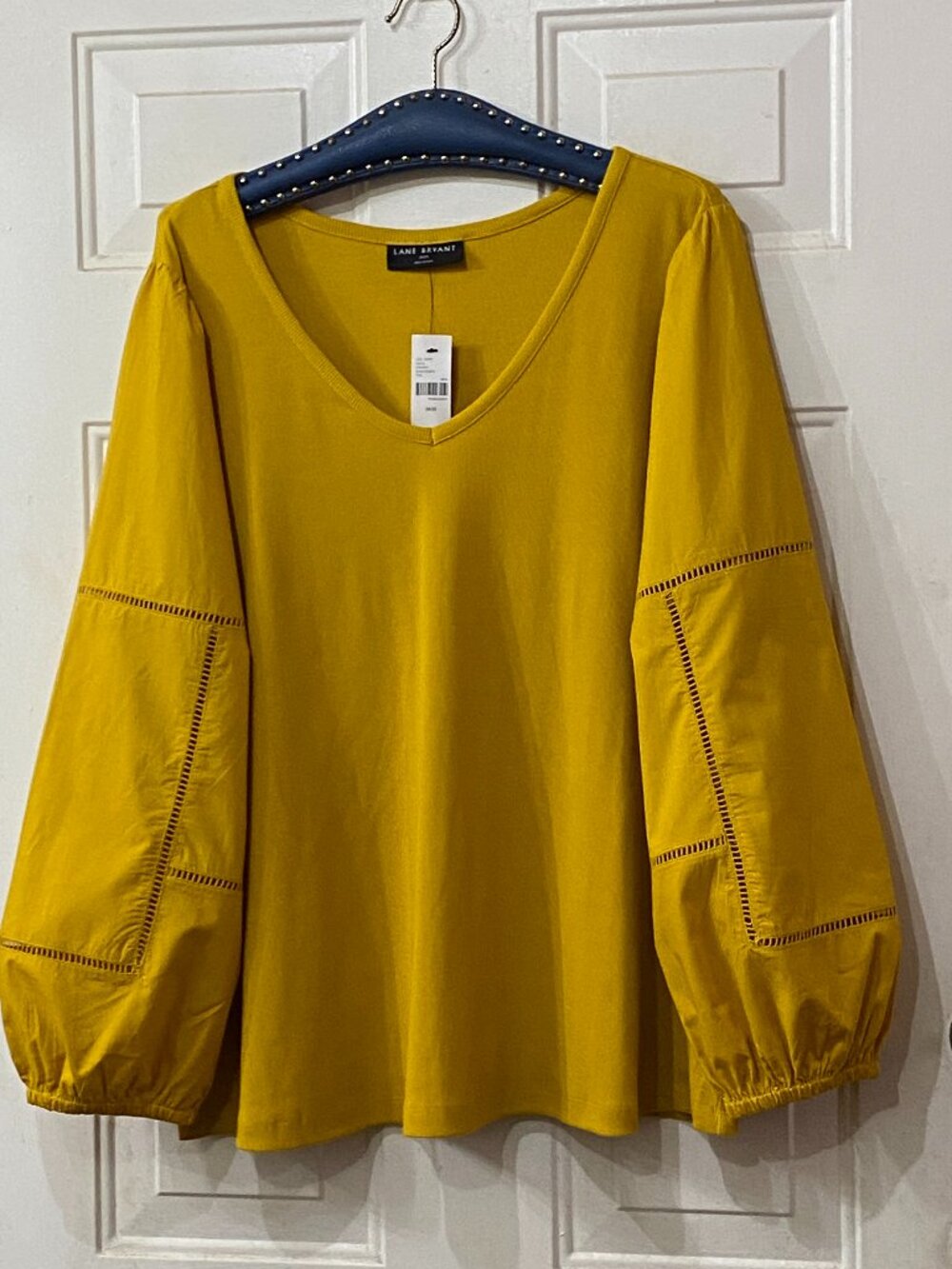 NWT Lane Bryant Sz 18/20 Blouse Mustard Yellow Long Balloon Sleeve Knit/Woven